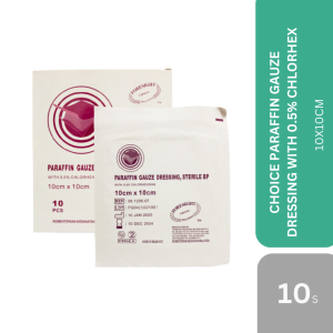 CHOICE PARAFFIN GAUZE DRESSING WITH 0.5% CHLORHEX 10X10CM 10'S/BOX