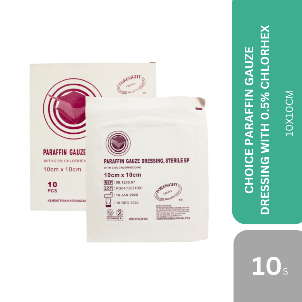 CHOICE PARAFFIN GAUZE DRESSING WITH 0.5% CHLORHEX 10X10CM 10'S/BOX