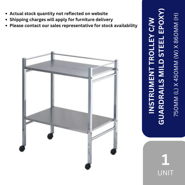 FURNITURE -INSTRUMENT TROLLEY C/W GUARDRAILS MILD STEEL EPOXY) 750MML X 450MMW X 860MMH.